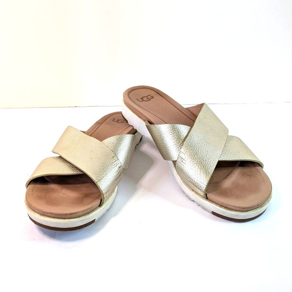 UGG KARI Metallic Gold Leather Slide Sandals Women’s Size 9 Criss Cross 1102911